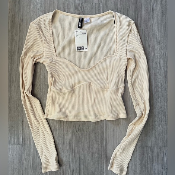 H&M Cream Cropped Ribbed Corset Long Sleeve Top size Small - Picture 1 of 7